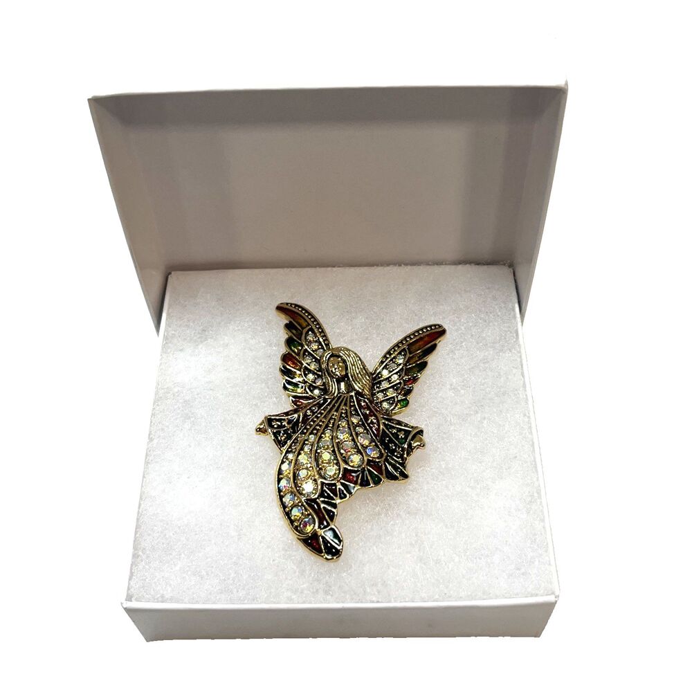 Angel Cherub Cupid Celestial Pin Brooch Bale Guardian Iridescent Stones Vintage